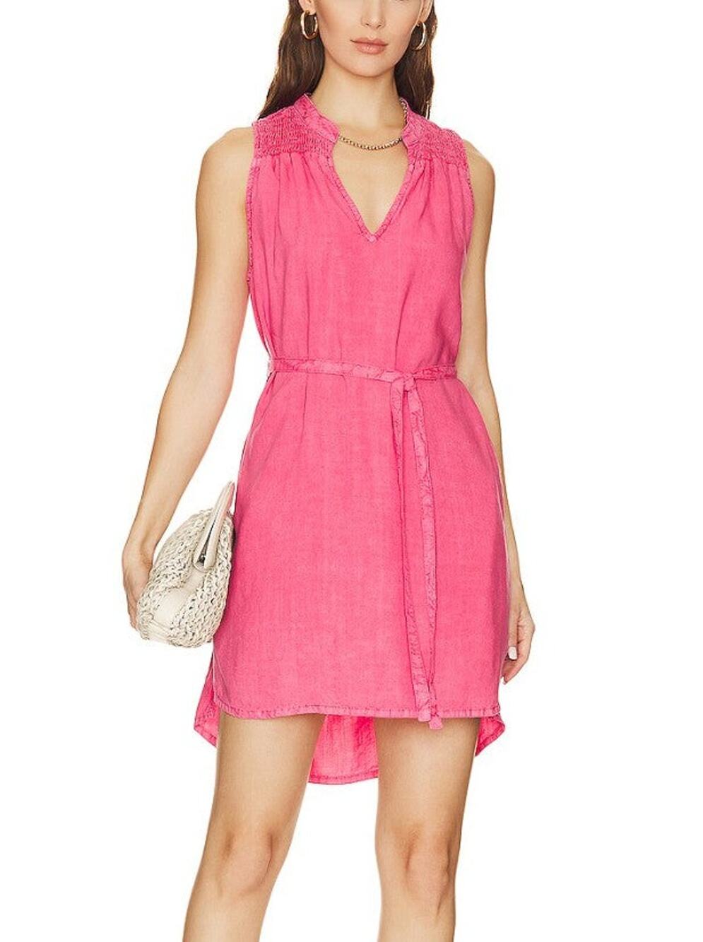 Bella Dahl Haviana Smocked Mini Dress Pink Tencel Large